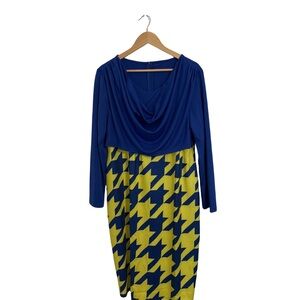 Stylish Blue and Yellow Houndstooth Dress 3XL